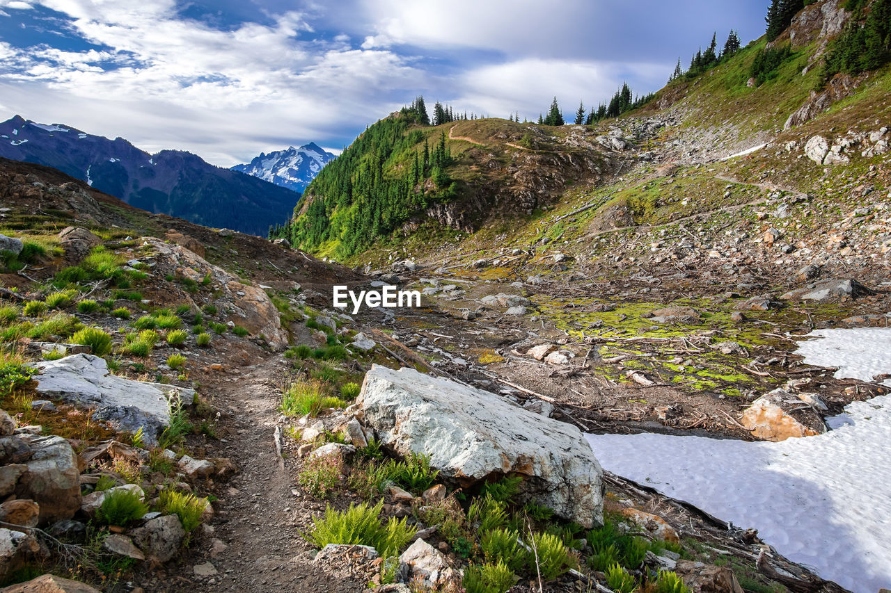 Scenic view of river by mountains against sky