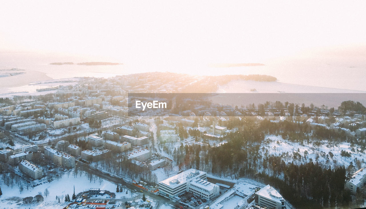 High angle view of snow covered built structures