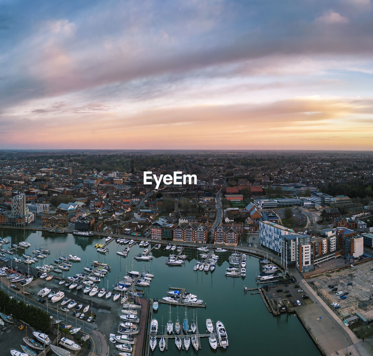 An aerial photo of the wet dock in ipswich, suffolk, uk at sunrise