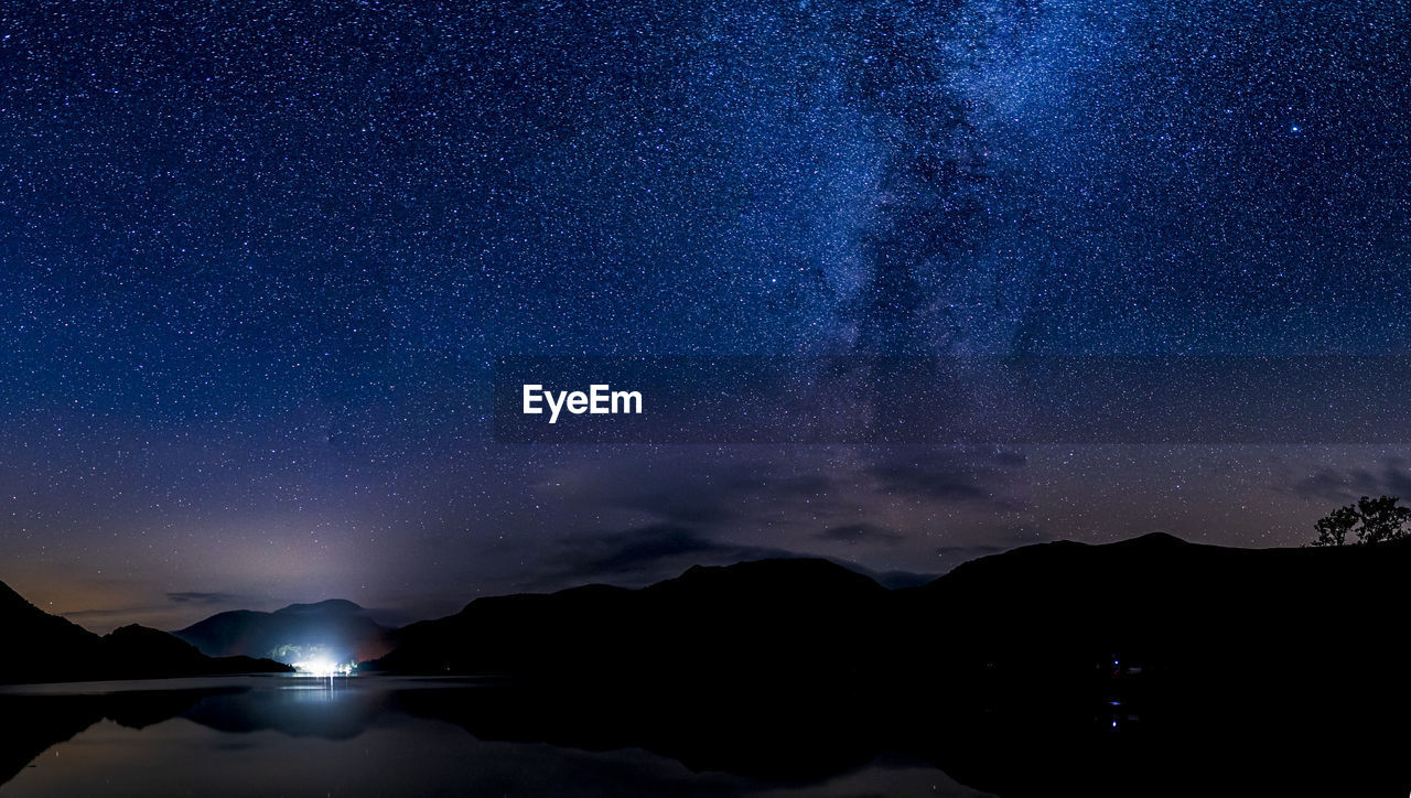 A panoramic view of the milky way over ullswater in the english lake district