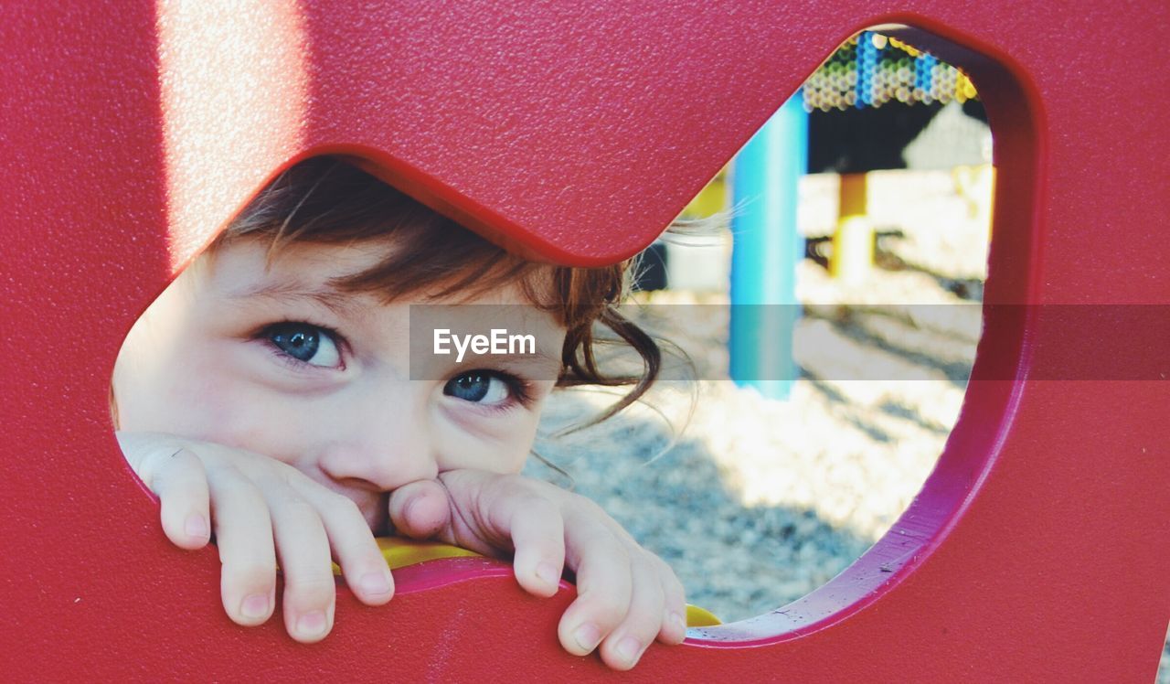 Portrait of boy looking through metal structure