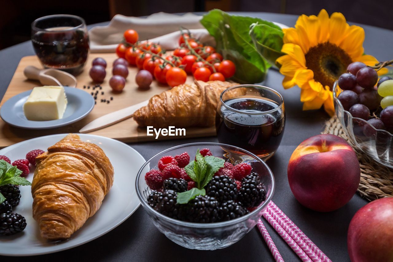 High angle view of various food on table
