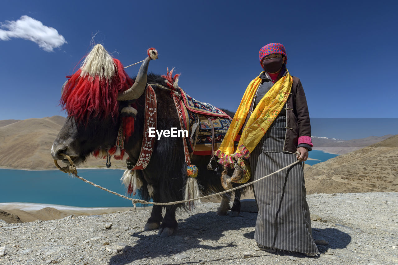 Woman standing with yak by namtso lake