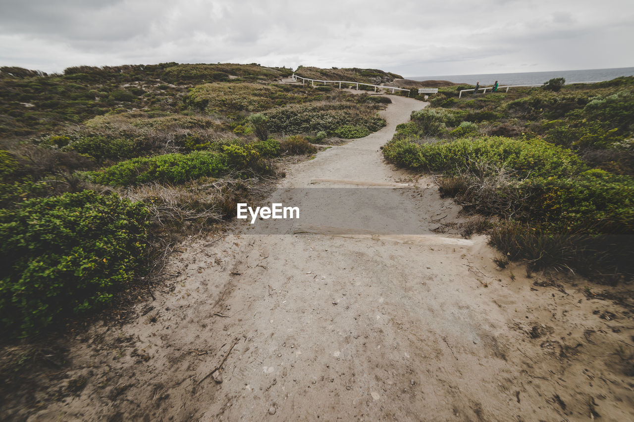 Dirt road passing through landscape against sky