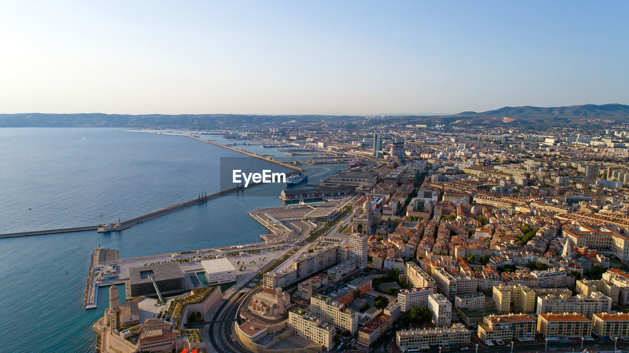 High angle view of cityscape against clear sky