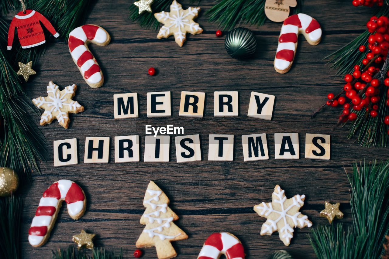 High angle view of christmas decorations on table