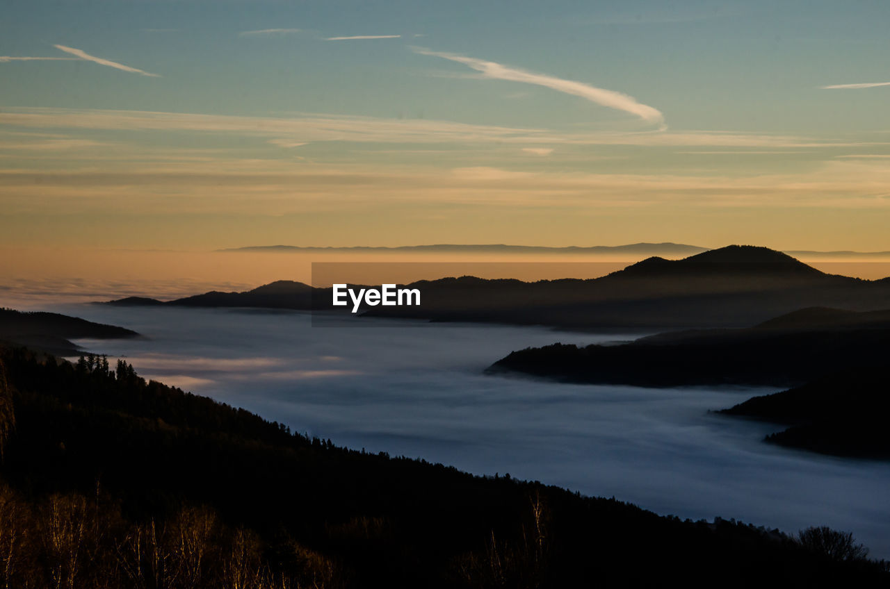 Scenic view of vosges mountains at sunset