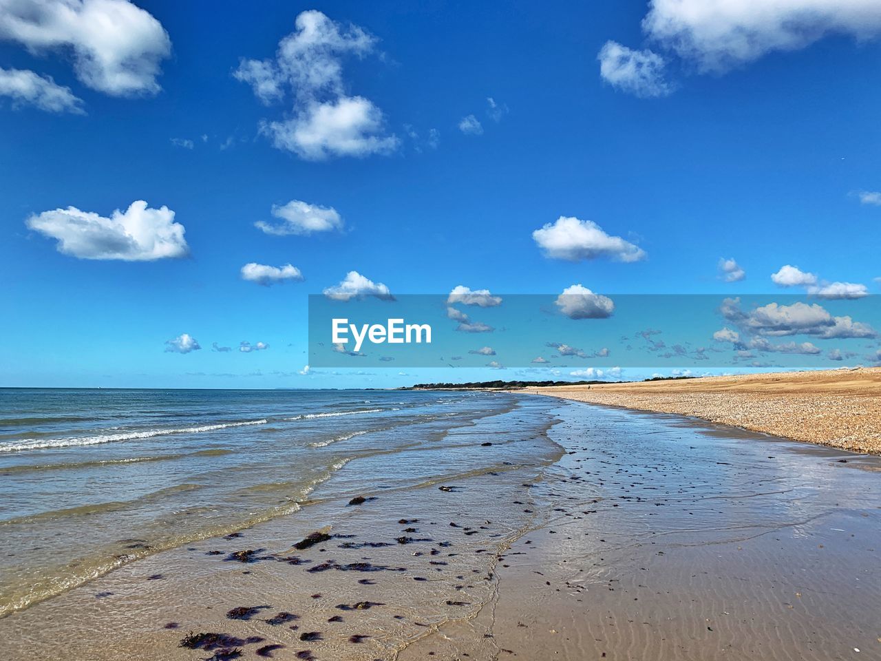 Scenic view of beach against blue sky