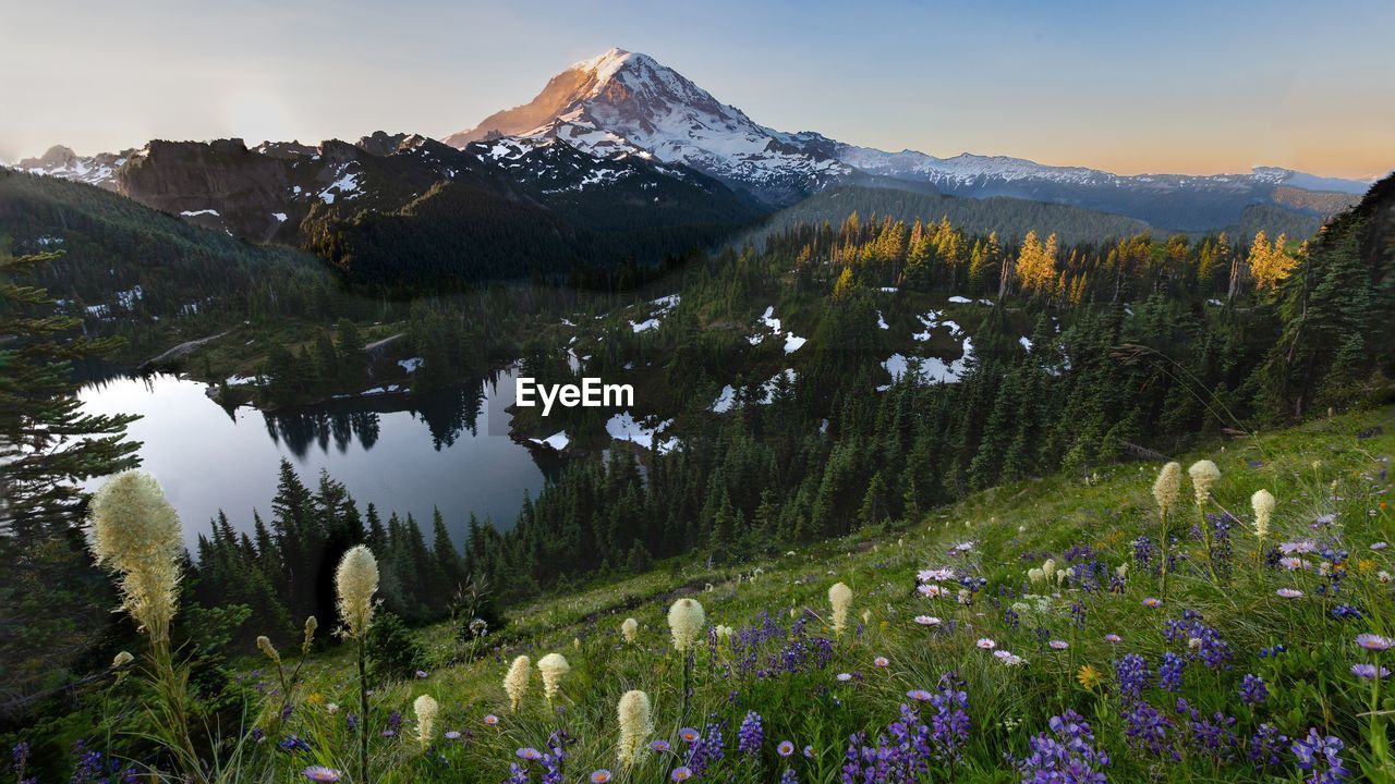 Scenic view of mountains against sky during winter