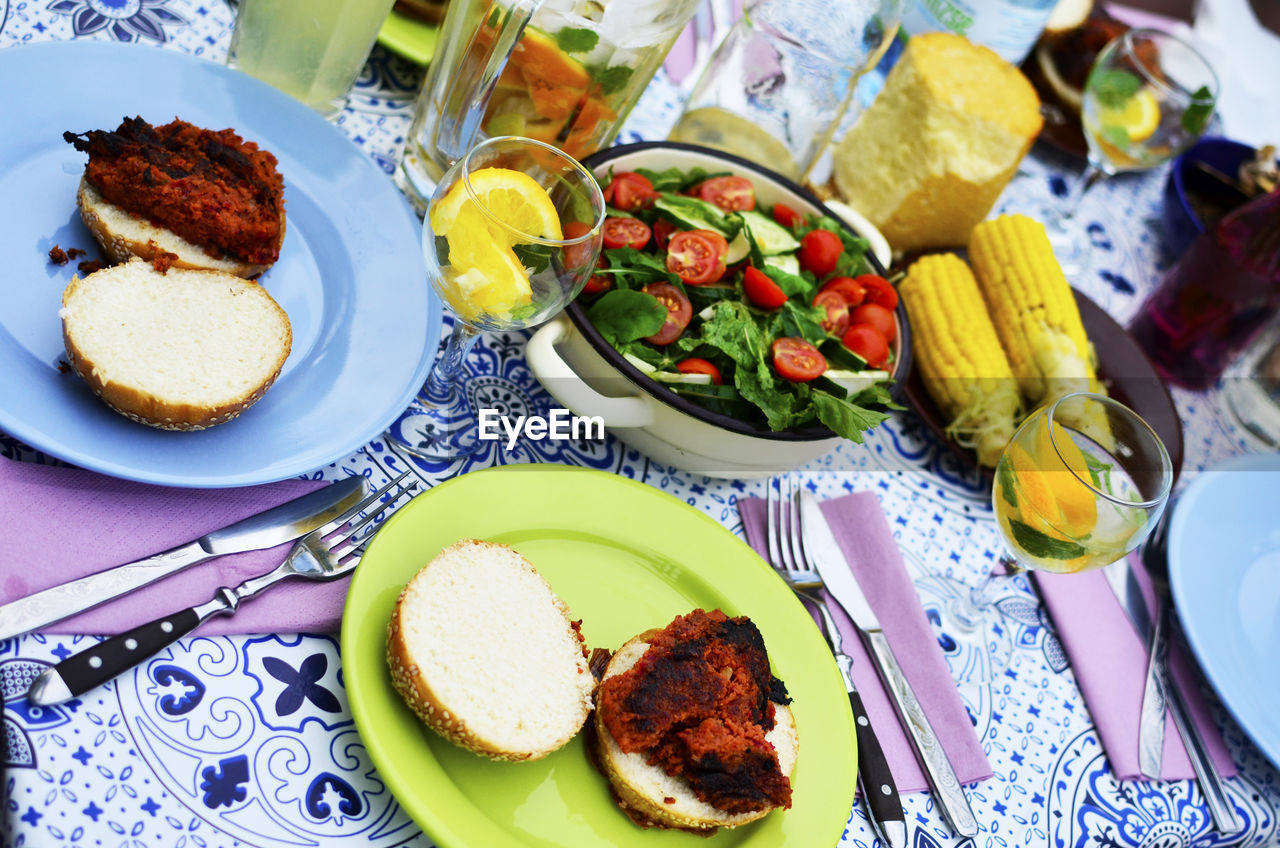 High angle view of food served on table