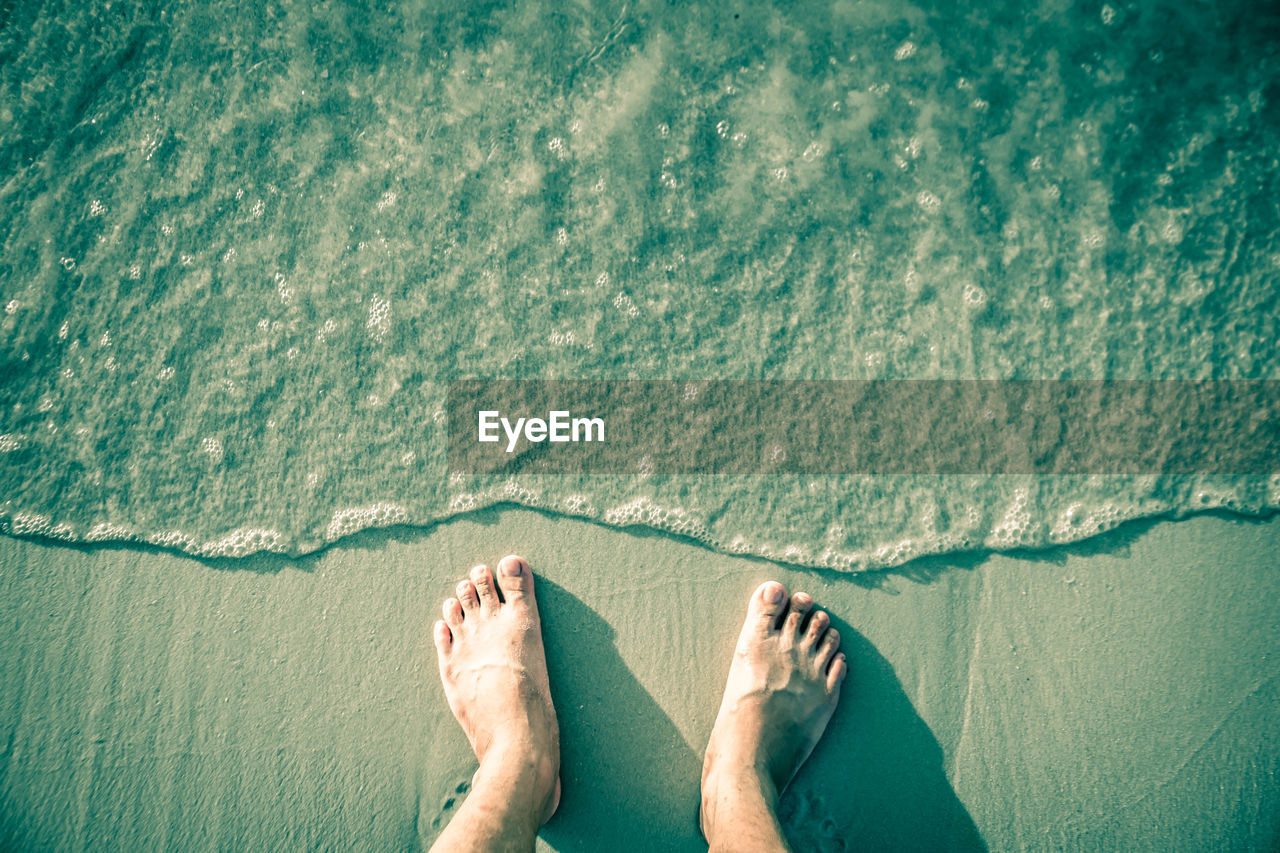 Low section of man standing on shore at beach