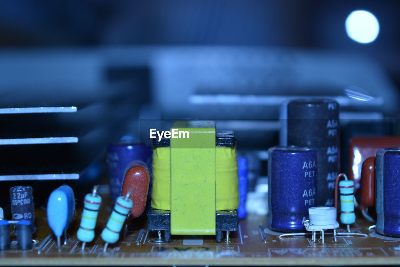 Close-up of colorful electronics in a row