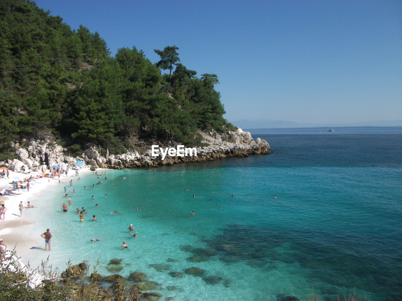 High angle view of sea against clear sky