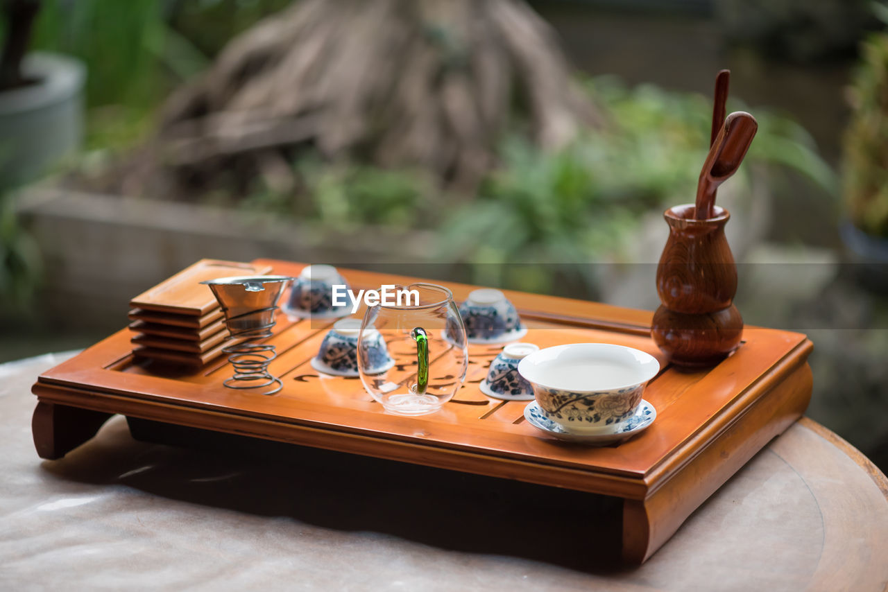 Tea set on a wooden table in china