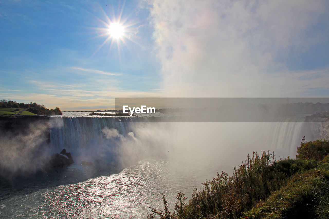 Scenic view of waterfall against sky