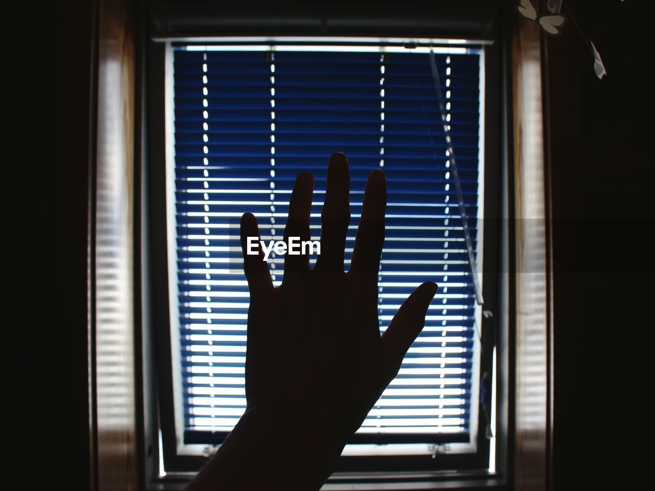 Cropped image of hand against window blinds at home
