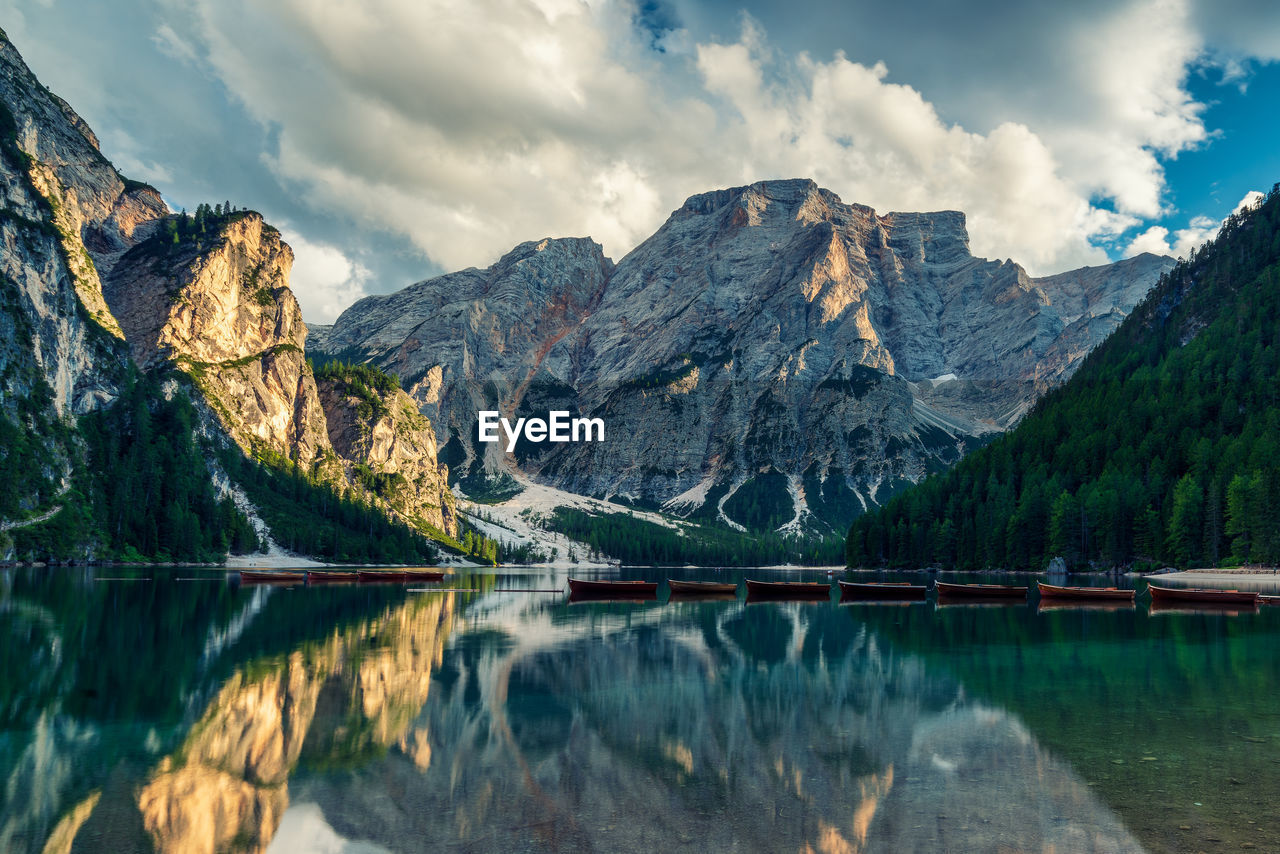 Braies lake , the largest natural dolomite lake, italy.