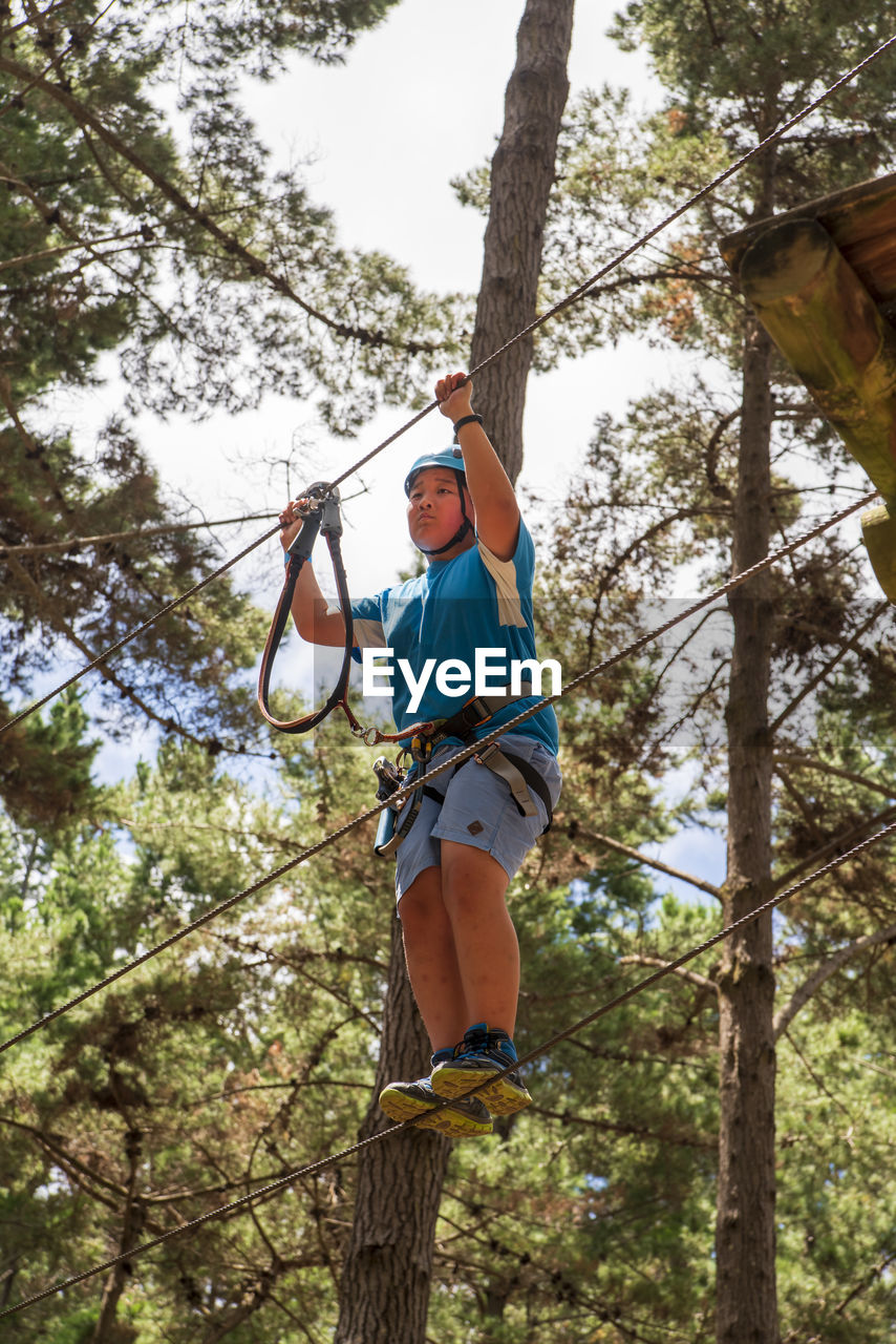 Low angle view of man climbing on rope in forest