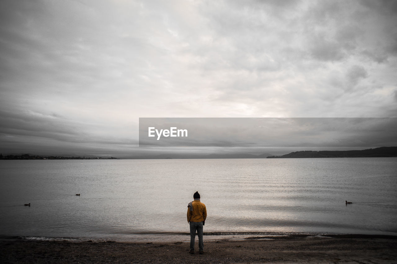 Rear view of man looking at sea against sky