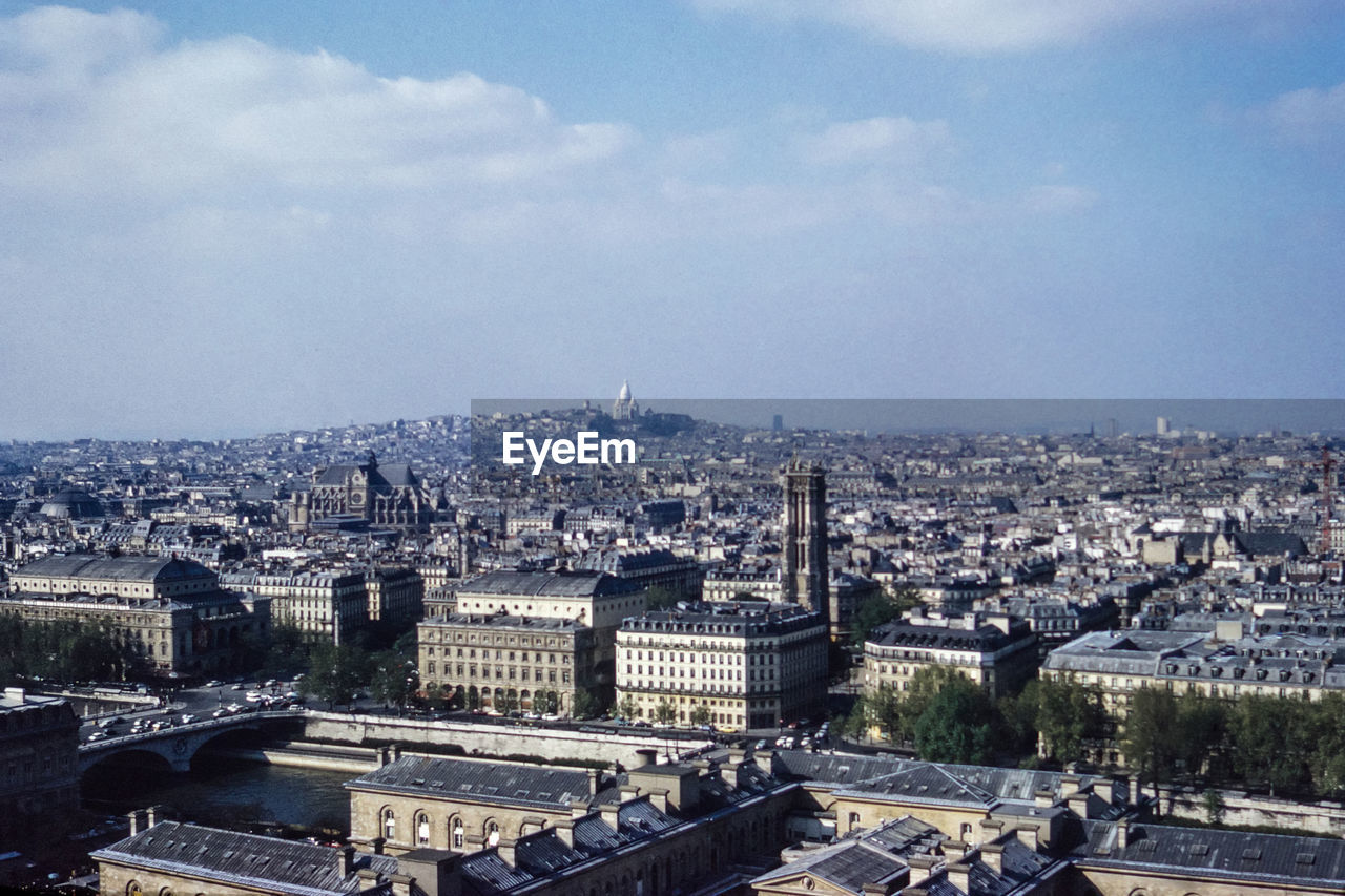 High angle view of buildings against sky