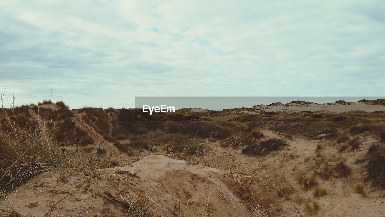 Beach against cloudy sky