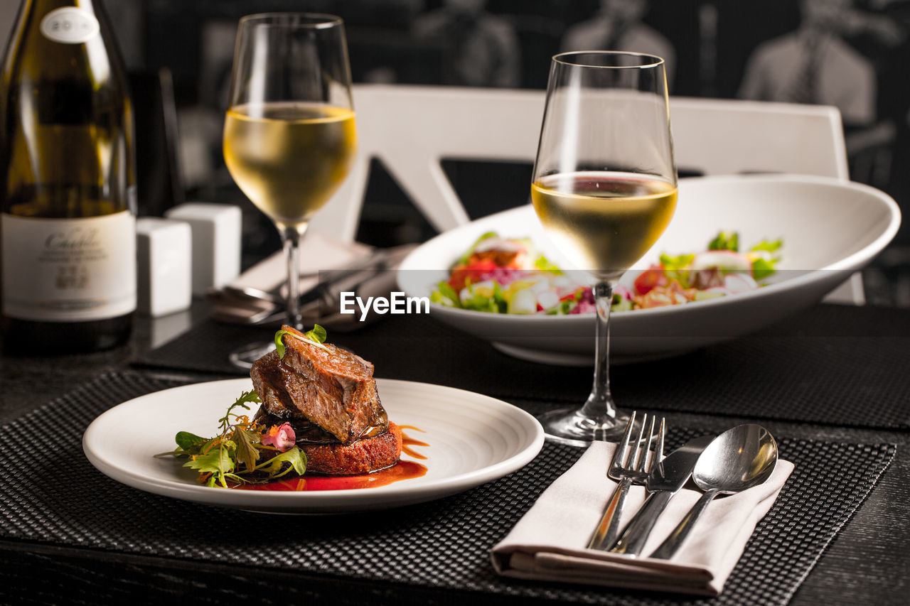 Close-up of food and drink on table