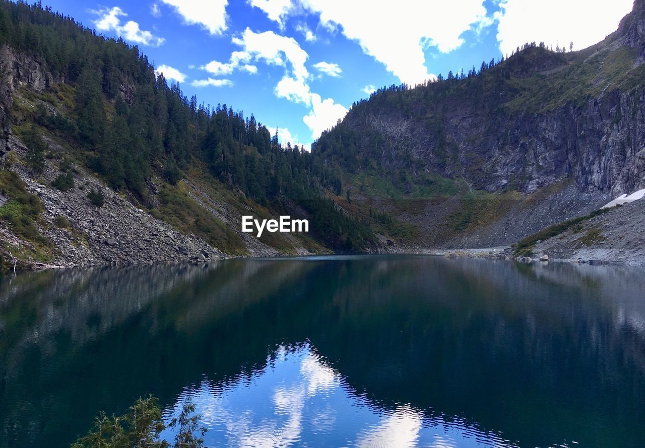 Scenic view of lake by mountains against sky