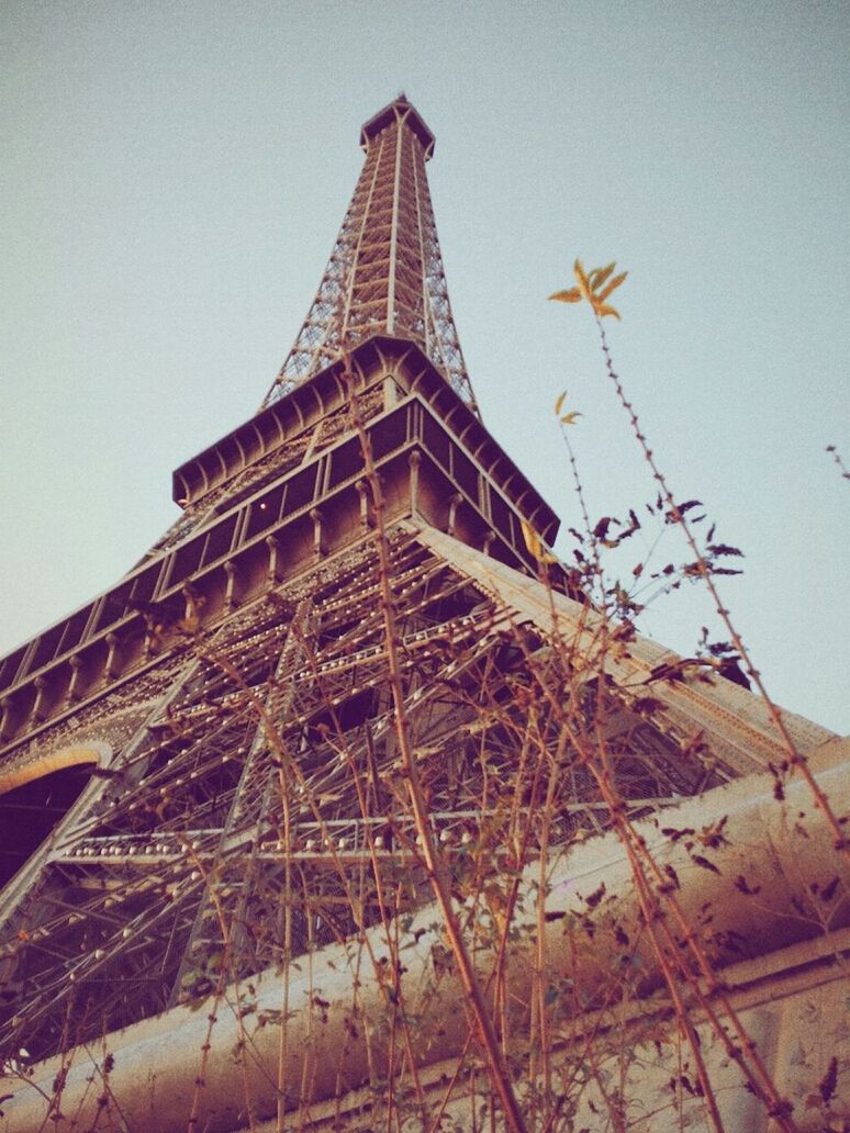 Low angle view of eiffel tower against clear sky