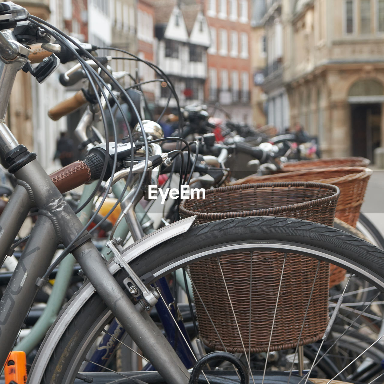 Bicycles parked on street in city