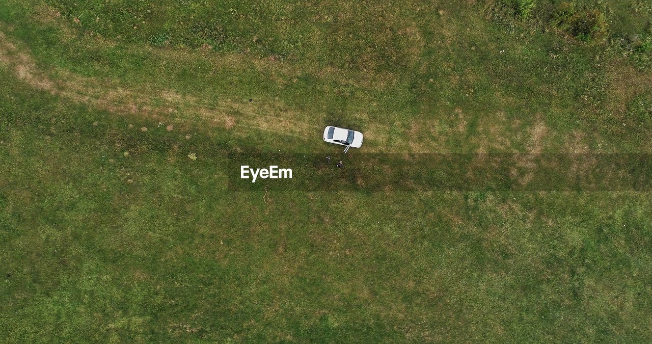 High angle view of sign on field