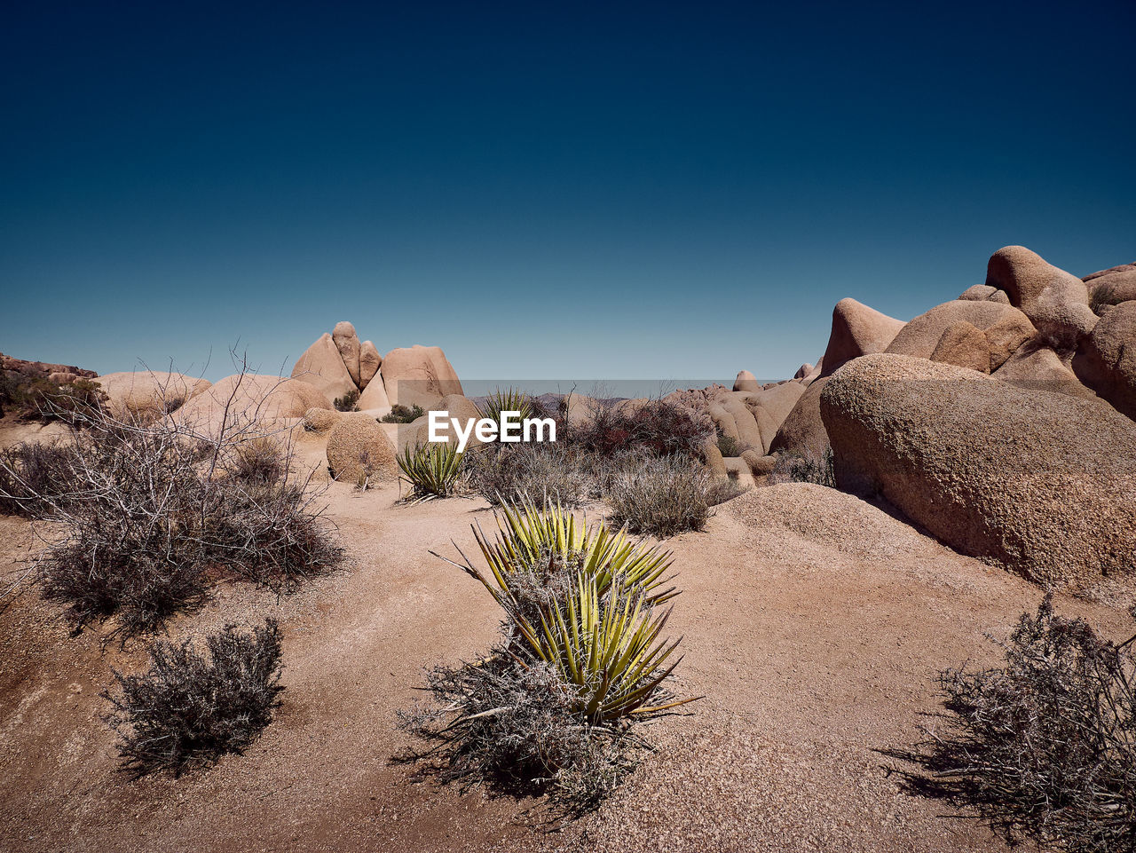 Scenic view of desert against clear blue sky