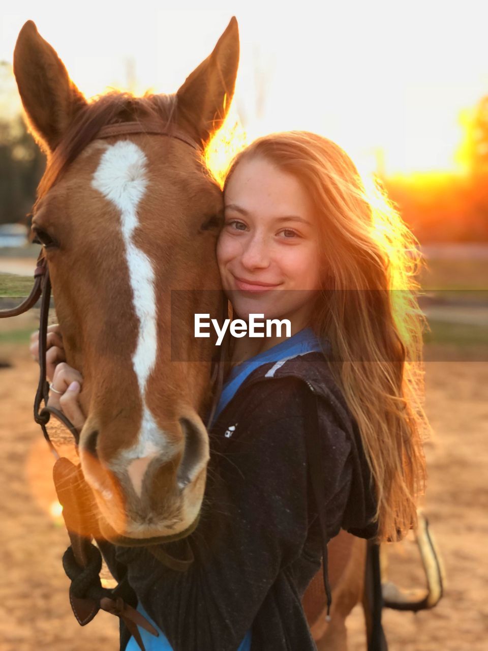 Portrait of smiling teenage girl embracing horse during sunset