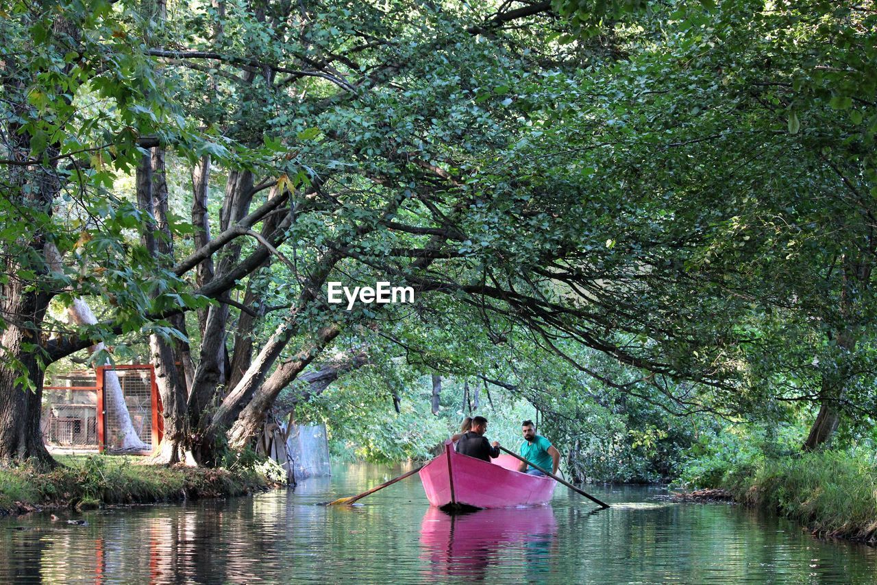 People rowing boat in lake amidst trees