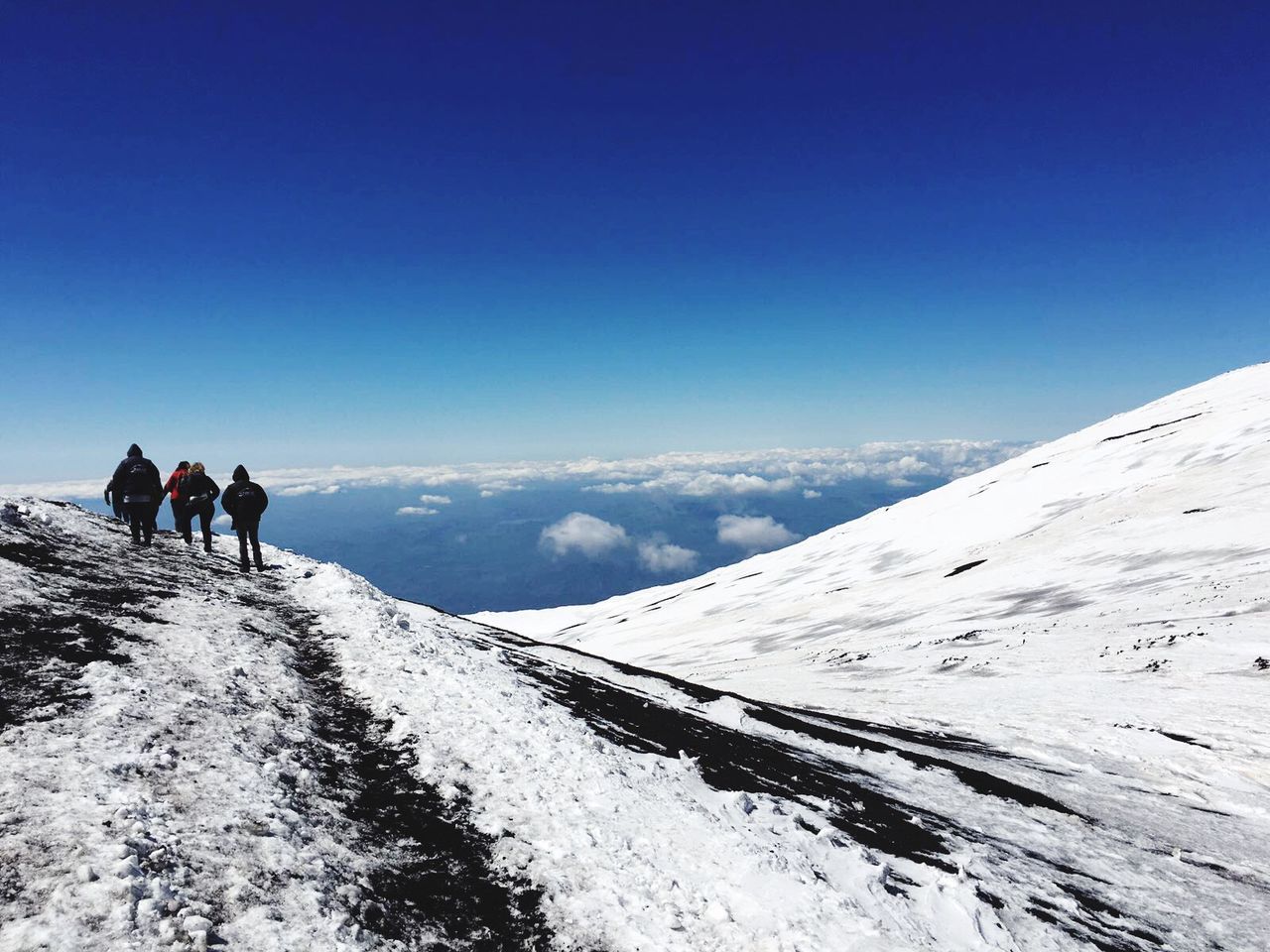 Group of people walking on snow covered landscape