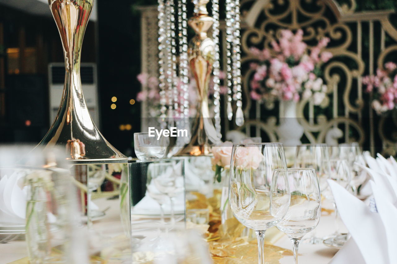 Wineglasses on dinning table at wedding