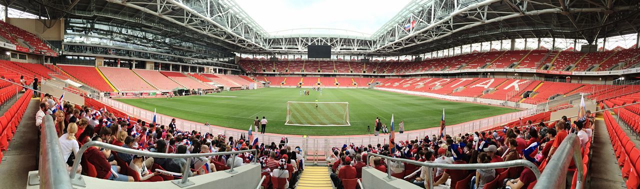 large group of people, stadium, real people, panoramic, sport, day, spectator, grass, crowd, men, architecture, outdoors, sports team, people, adult