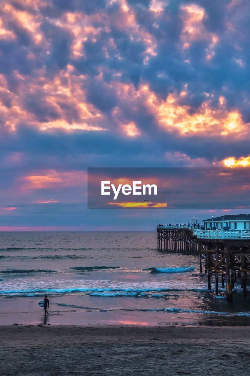 Scenic view of beach against sky during sunset