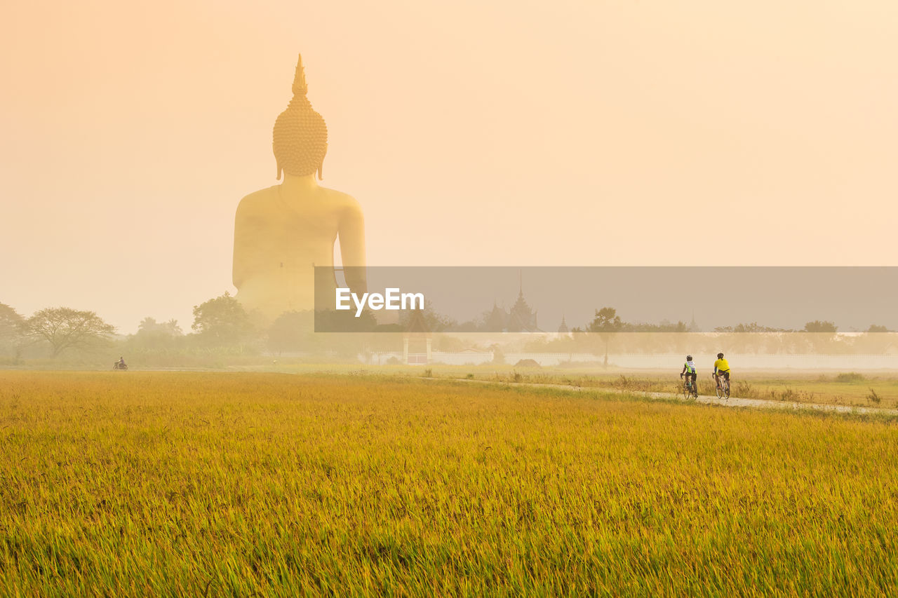 Men cycling in the morning with goal ahead is a big buddha.