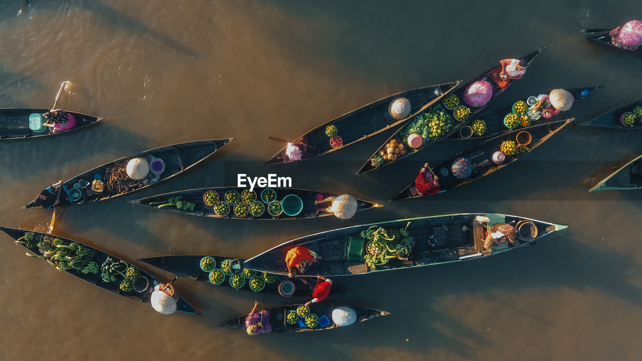 Aerial view of lok baintan floating market in south kalimantan