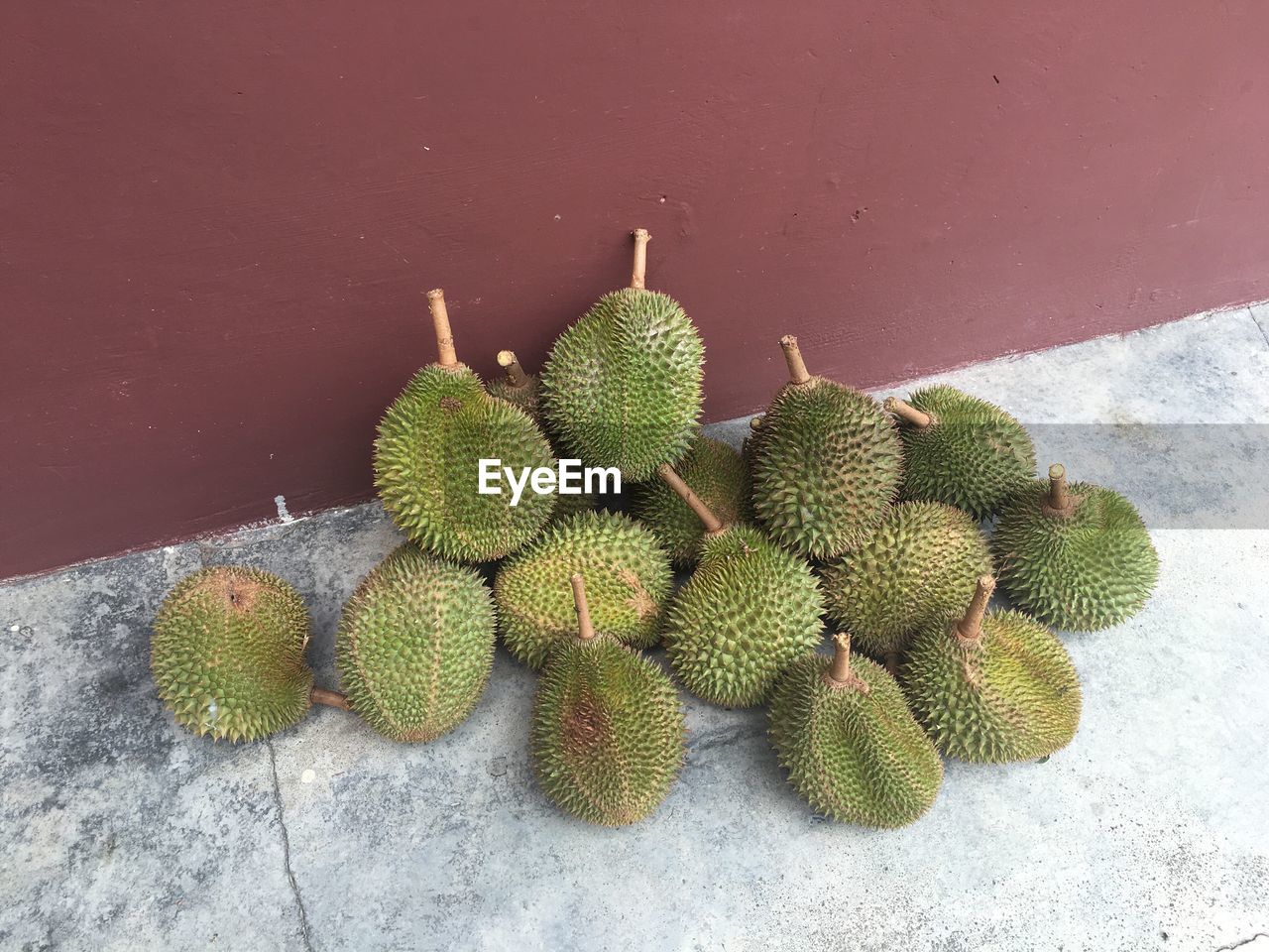 High angle view of jackfruits by wall