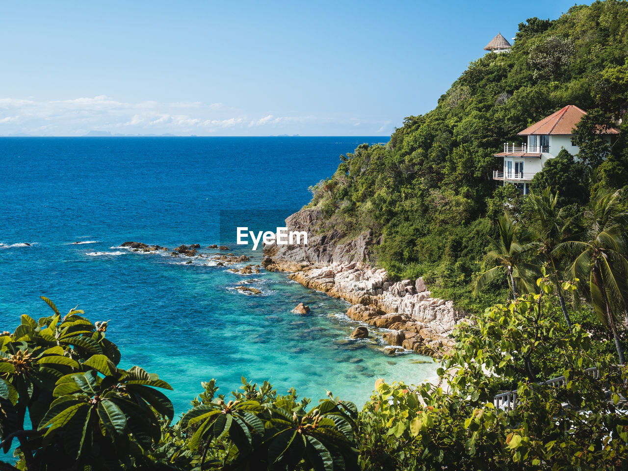 Scenic view of tropical paradise beach. rocky coastline and turquoise sea. koh tao island, thailand.