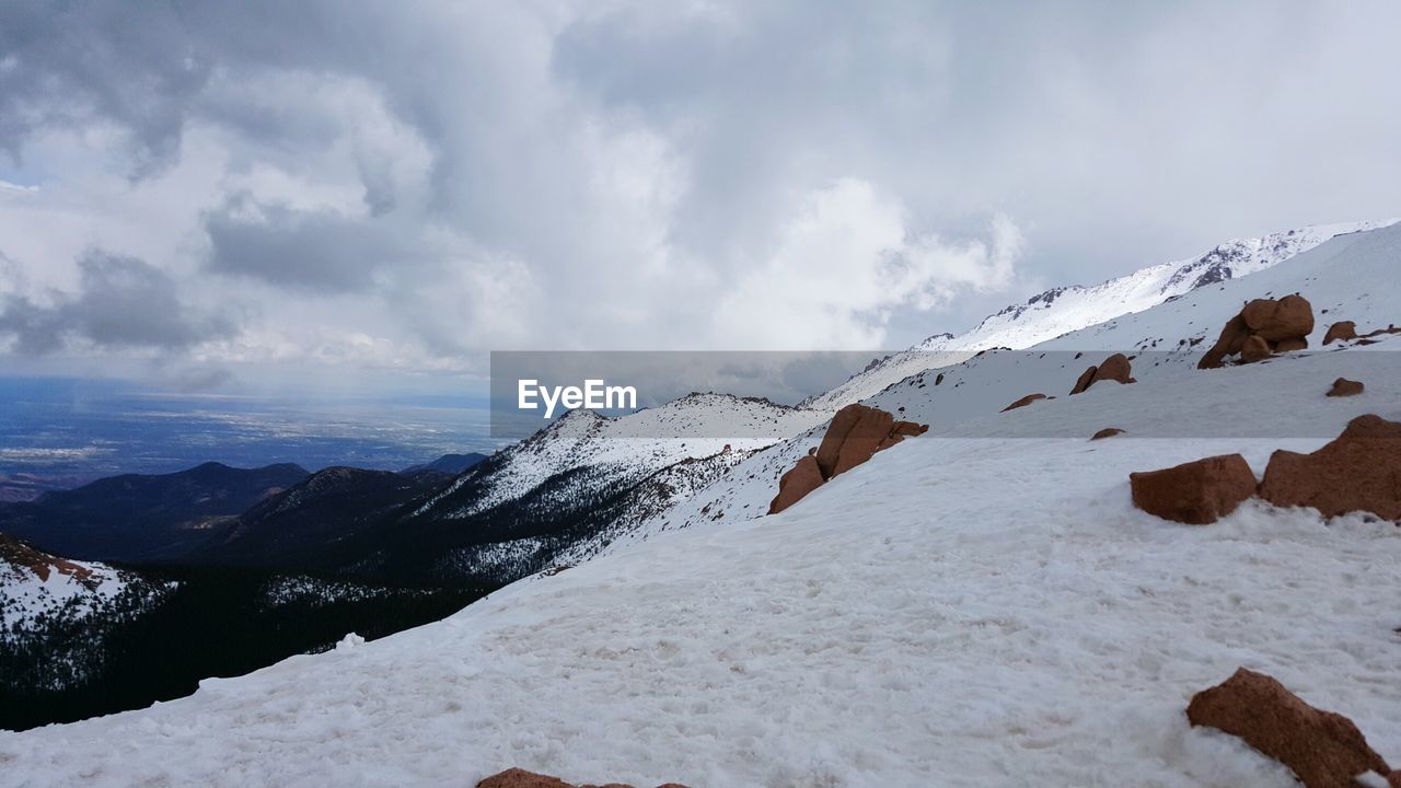 Scenic view of snow covered mountains