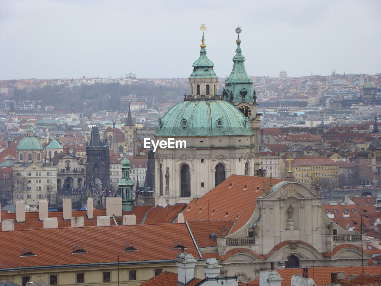 High angle view of buildings in city against sky