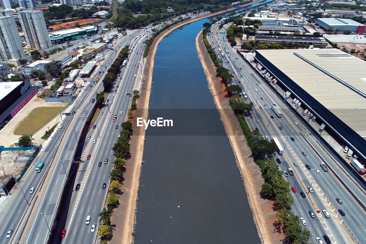 High angle view of cars on street in city