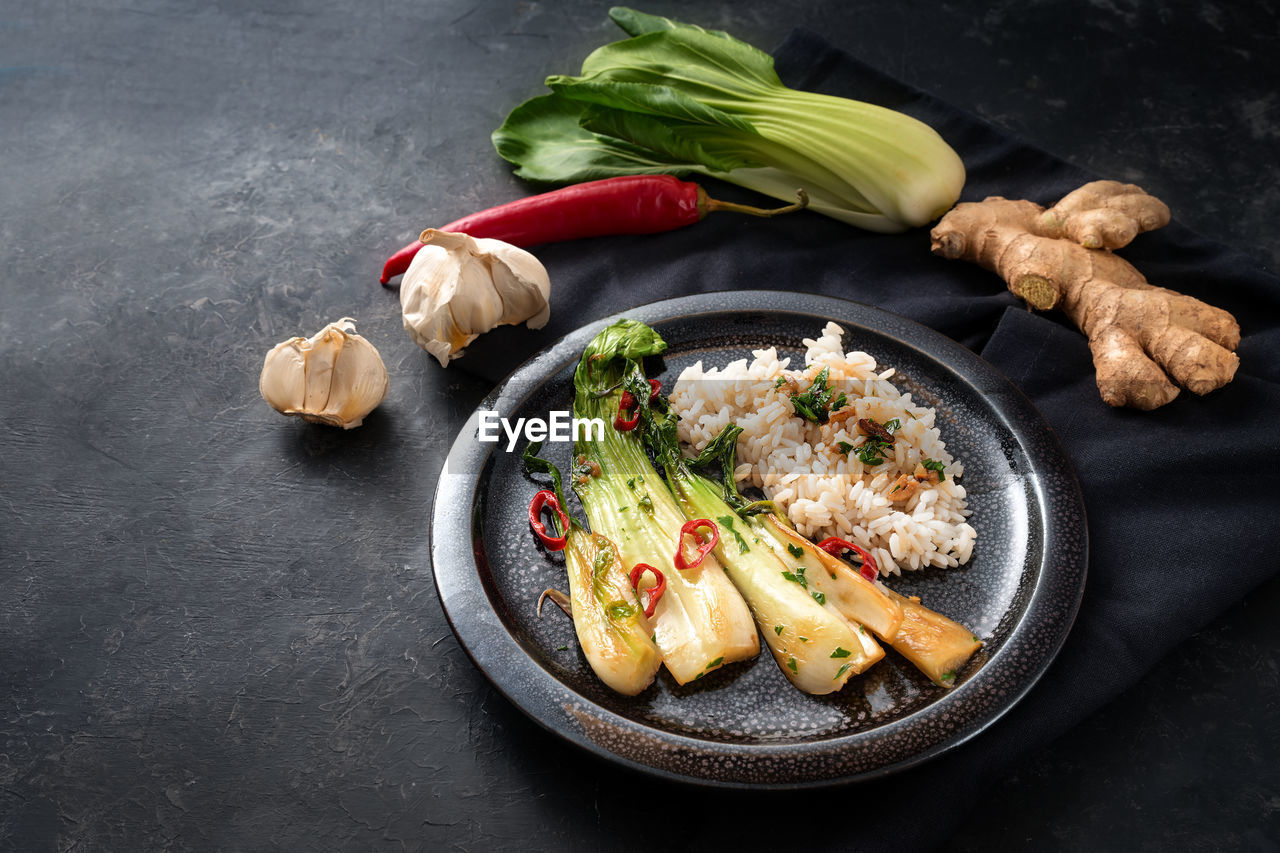 high angle view of food in plate