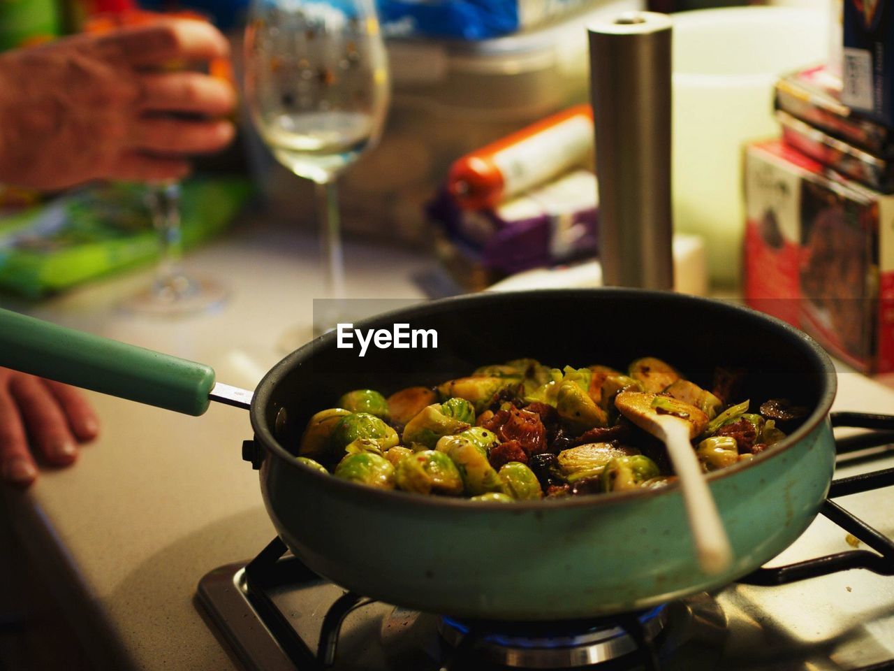 High angle view of food in sauce pan on stove at home