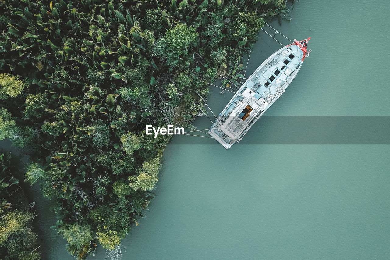 water, nautical vessel, high angle view, plant, aerial view, transportation, nature, tree, mode of transportation, day, green, no people, growth, sea, outdoors, beauty in nature, ship, scenics - nature, travel, tranquility, vehicle, directly above, land