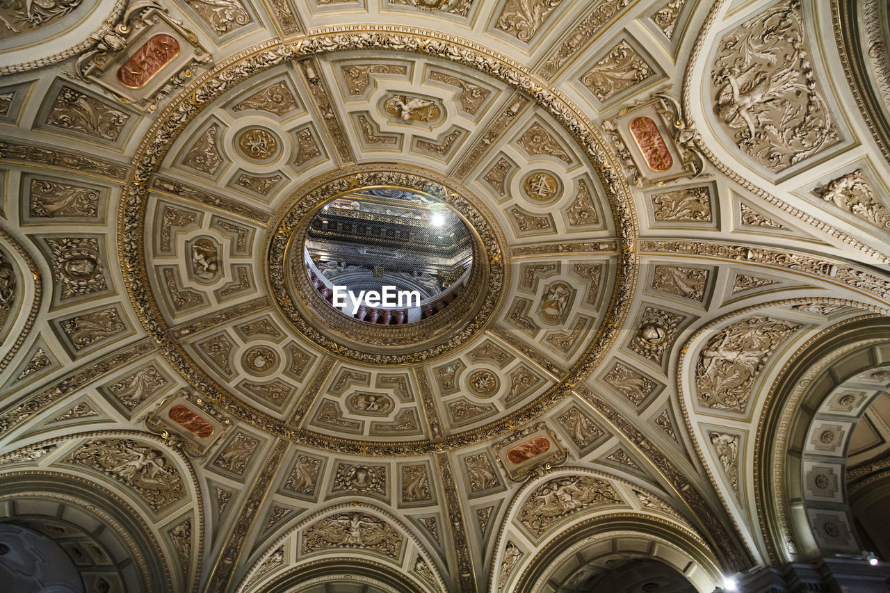 ceiling, architecture, dome, built structure, low angle view, indoors, place of worship, religion, travel destinations, no people, building, belief, spirituality, pattern, ornate, architectural feature, cupola, arch, vault, directly below, catholicism, the past, mural, history, shape, worship, city, ancient history, geometric shape, craft, creativity, circle, architecture and art, travel, tourism, art, day