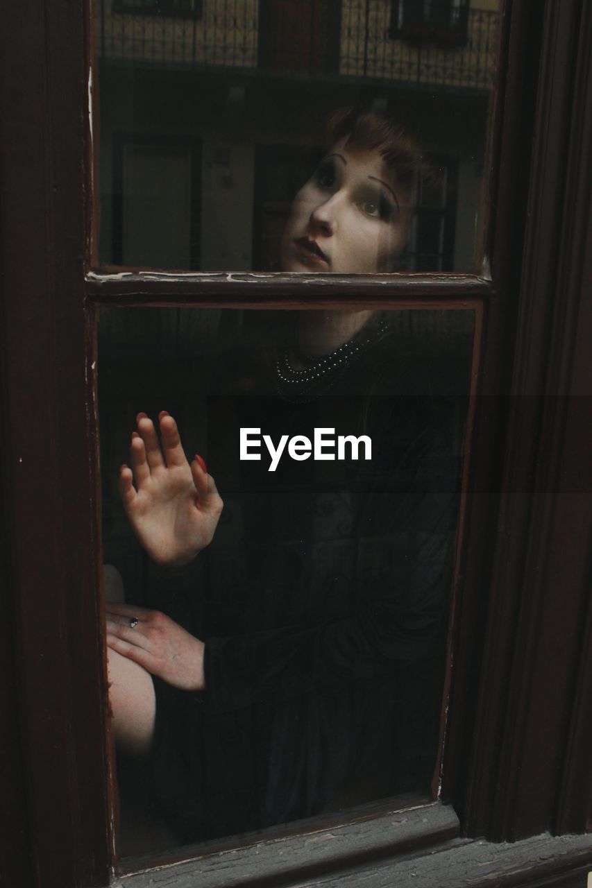 Portrait of a doll looking through window 