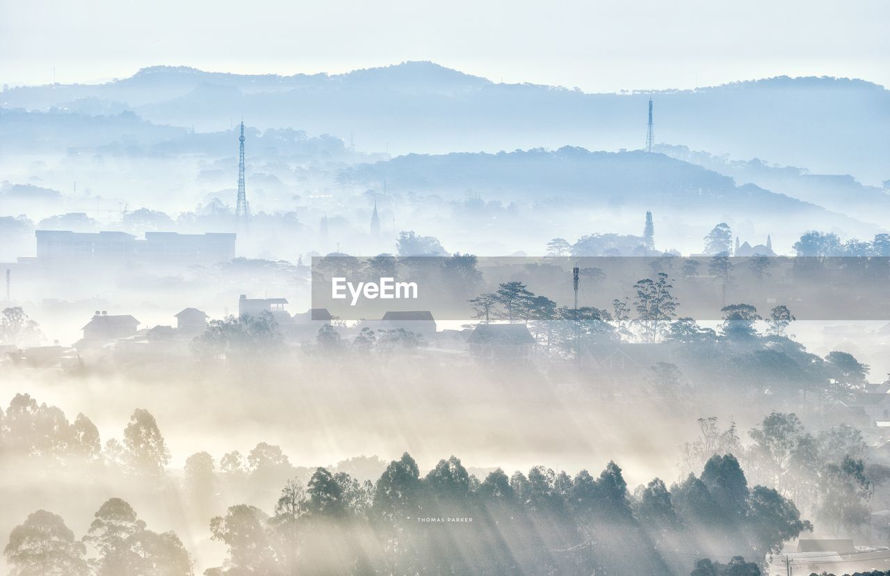 View of trees against sky in foggy weather